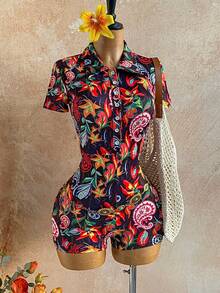 Soleia Women's Paisley Floral Multicolor Print Romper,Summer Boho Holiday Vacation Outfit,Open Front Button Lapel Collar Short Sleeve Jumpsuit,Black And Pink - Multicolor - View 1
