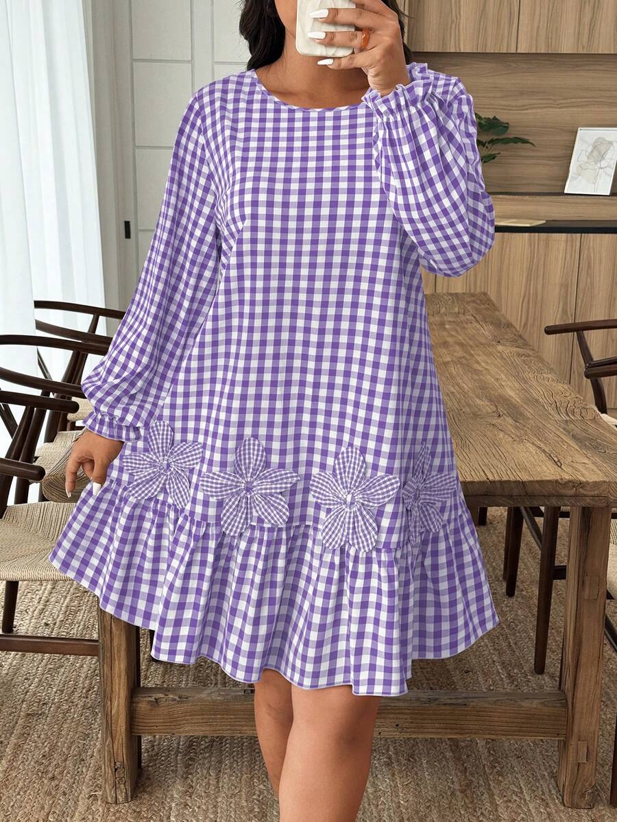 Weeklong Plus Size Women Colorblock Plaid Dress With 3D Floral Decor, Autumn/Winter - Purple - View 1