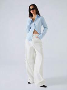 LYSMO Women's Solid Color Button Front Long Sleeve Casual Blouse - Baby Blue - View 4