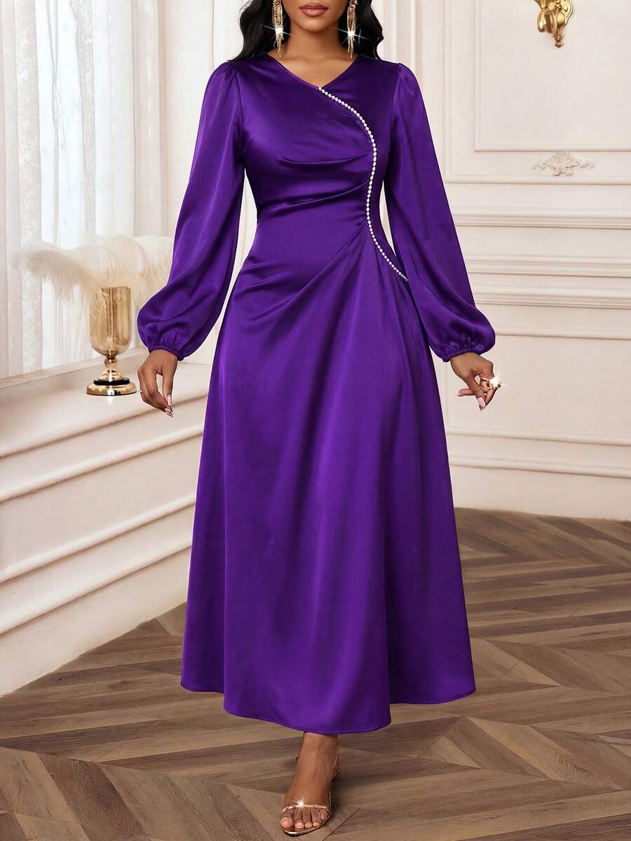 SHEIN Lady فستان نسائي أنيق بأكمام فانوس وخرز اللؤلؤ الاصطناعي على الخصر، خريفي - الأرجواني - مشاهدة 1