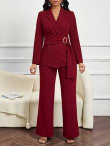 SHEIN Lady 女士纯色翻领长袖外套和裤子优雅套装 - 酒紅色 - 查看 5