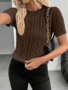 SHEIN Cottnline Blogger-Inspired Twist Rope Decor Round Neck Knit Sweater, Versatile, Autumn/Winter - Brown - View 3