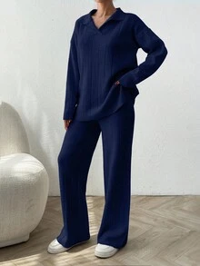 EURMUSE 2pcs Solid Color Ribbed Polo Neck Loose Fit Ribbed Sweaters - Navy Blue - View 4