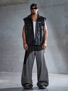 ROMWE MEN Men's Casual Everyday Commute Fashion Street Color Block Loose Wide Leg Jeans - Black - View 7