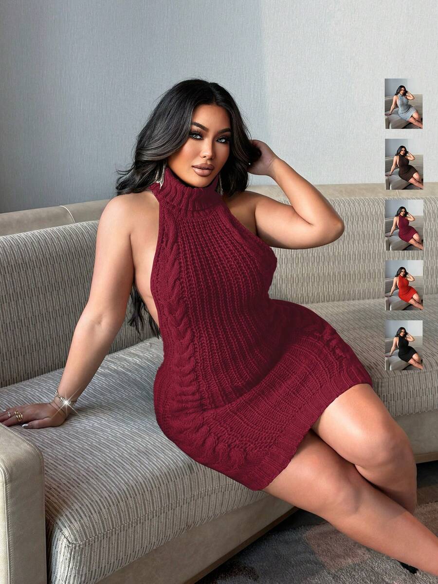 NU&NOW 大码女式纯色高领露背吊带扭结修身针织连衣裙，适合度假派对，秋冬季