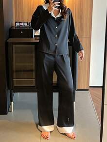 DAZY 2pcs Women Graphic Print Contrast Color Lapel Loose Cardigan & Pants Pajama Set - Black - View 7