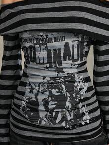 ROMWE Grunge Punk Top ajusté froncé à l'épaule dénudée avec imprimé portrait rayé punk vintage - Noir - Voir 3