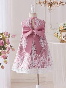 SHEIN 一件式少女宽松优雅A字蕾丝连衣裙，带蝴蝶结装饰 - 紫色 - 查看 5