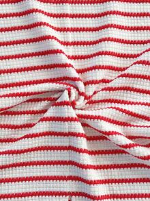 Soleia Women's Summer Fashion Vacation Style Contrast Color Striped Pattern Twist Front Split Hem Fitted Mid-Length Dress,Women's Dresses - Red and White - View 8