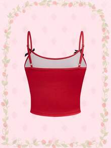 Strawberry Shortcake | ROMWE Women's Cute Floral Print Colorblock Bow Camisole Top And Shorts Pajama Set, Summer - Red - View 6