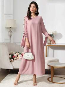 Al Najma Women's Elegant Long Arabic Style Dress Sequin Lace Decoration Modest Dress Summer Modest Dress - Pink - View 6