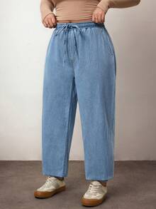 Enliva 大码女式系腰口袋抽绳及踝长休闲牛仔裤 - 淺色水洗藍 - 查看 3