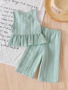 SHEIN Vintaside Kids 2件/套 嬰兒女童夏季套裝 鼠尾草綠圓領無袖荷葉邊上衣 & 鬆緊腰長褲 休閒度假款 柔軟舒適 禮物 3M-3Y - 綠色 - 查看 2