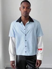 HUEFORM Camicia casual da uomo a righe, ampia, con patchwork, camicia casual con bottoni, moda casual - Blu - Visualizzare 4
