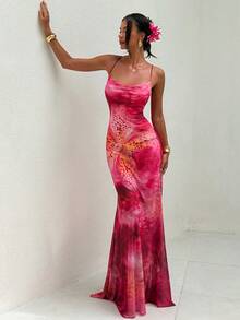 Aloruh Elegant Printed Sleeveless Backless Maxi Dress For Women, Summer/Spring/Summer Red Solid Color Dress For Best Friends/Cocktail Party/Back To School/Birthday Party/Club Party/Red Maxi Dress/Concert Costume/Women's Vacation Wear, Women's Summer Dress, Red Dress, Spring Dress, Tropical Floral Print Dress - Pink - View 8