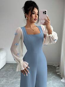 Modelyn 女士混色蝴蝶结针织连体裤 - 藍色 - 查看 5