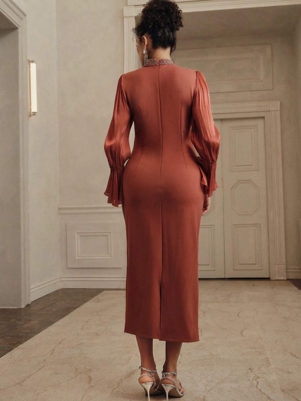 Women's Bodycon Dress With Rhinestone Trim Collar, Elegant And Sophisticated