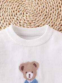SHEIN Playful Pals Young Boy Fashionable Cute Crew Neck Long Sleeve Cartoon Bear Jacquard Regular Sweater, Suitable For Outings, Travel, Vacation, Home, Daycare, And Children's Play - White - View 3