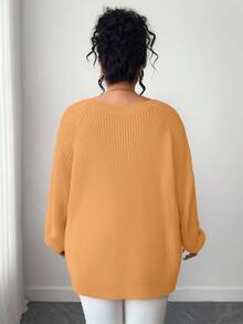 SHEIN Tall CURVE Plus Size Casual V-Neck Raglan Sleeve Pullover Sweater - Camel - View 2
