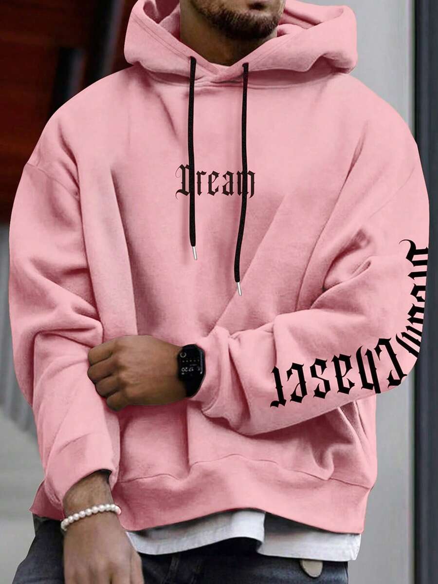 Manfinity Homme Sudadera con capucha con gráfico de letras y hombros caídos con cordón para hombres, sudaderas rosas para hombres, sudaderas de streetwear, streetwear rosa, para otoño - Rosa - Ver 1