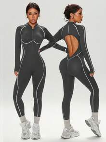 Dewbera 无缝高弹力健身连体衣，长袖长裤，带拉链 - 深灰色 - 查看 2