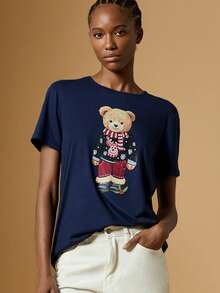 Briarwyn Casual Women's Navy Blue Short Sleeve Round Neck T-Shirt Featuring A Festive Bear Print - Navy Blue - View 4