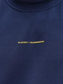 PLAYBOY X SUMWON Crop Fit Navy Crew Neck Pullover Sweatshirt With Vintage Logo And Pin-Up Design Classic Comfort Long Sleeve Top - Navy Blue - View 5