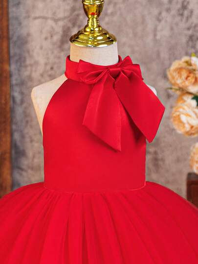 SHEIN Glamorique Kids 1件女童圣诞公主裙，圣诞服装，秋季连衣裙，冬季连衣裙，派对服装，圣诞老人裙，新年连衣裙，圣诞小女孩，正式礼服，红色缎面，红色薄纱蓬蓬裙，蝴蝶结连衣裙，舞台，表演，优雅正式礼服