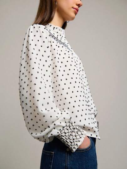Nöista Polka Dots Long Sleeves Blouse Ruffled Cuffs Polished Femenine And Effortlessly Chic Ideal For Spring Summer Dressy Occasion.