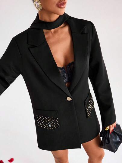EURMUSE Women's Fashion Party Banquet Crystal Decor Lapel Collar Blazer Jacket (Ribbon Not Included)