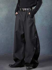 男士大码休闲阔腿裤，铁环设计，时尚黑色弯刀式裤型，PAVTROS，Y2K，狂欢节，街头风，复古，度假，我爱我的男朋友，大码男装，修身弧形裤，街头风格 - 黑色 - 查看 3