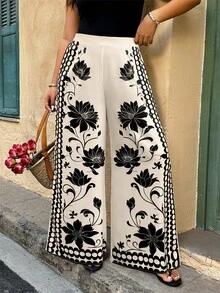 SHEIN LUNE Plus Size Women's Straight Solid Color Floral Casual Vacation Pants, Spring/Summer - Multicolor - View 3