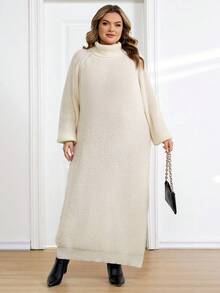 SHEIN CURVE+ 秋冬季大码女士纯色休闲长袖毛衣连衣裙 - 杏色 - 查看 6