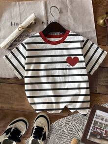 少女休闲简约粉色条纹爱心图案短袖圆领T恤，适合夏季穿着 - 彩色 - 查看 2