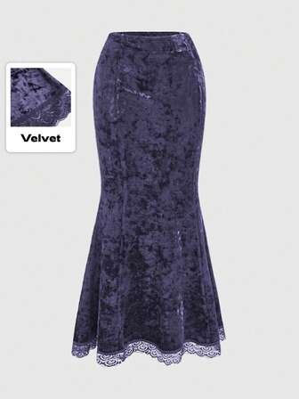 Goth Falda de sirena con dobladillo de encaje de contraste de terciopelo de diamante vintage de lujo