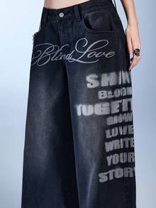 ROMWE Avant Quần jeans ống rộng rách rưới dành cho nữ với họa tiết phối màu và khẩu hiệu tiếng Anh. - màu đen - Xem 6