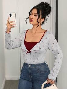 Modelyn Plus Size Women Bow Print 2 In 1 Long Sleeve Casual T-Shirt Gym Brown Autumn - Grey - View 6