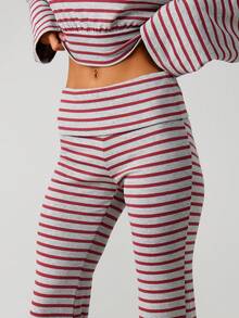 MISSGUIDED Striped Off Shoulder Long Sleeve Crop Top With High Waisted Wide Leg Pants Two Piece Lounge Set Casual Outfit - Multicolor - View 4