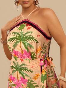 Travachic Vestido de vacaciones con estampado tropical de plantas y espalda descubierta, talla grande - Multicolor - Ver 5