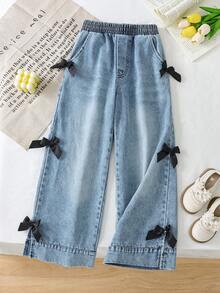 Genkimix Kids Quần jeans thời trang cho bé gái tuổi teen, kiểu dáng thường ngày với cạp chun co giãn, ống đứng. - Màu xanh lam - Xem 3