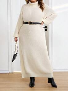 SHEIN CURVE+ 秋冬季大码女士纯色休闲长袖毛衣连衣裙 - 杏色 - 查看 3