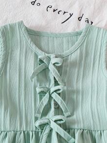 SHEIN Vintaside Kids 2件/套 嬰兒女童夏季套裝 鼠尾草綠圓領無袖荷葉邊上衣 & 鬆緊腰長褲 休閒度假款 柔軟舒適 禮物 3M-3Y - 綠色 - 查看 5