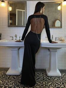 Opulessa Women's Elegant Backless Chain Decor Dress,Black,Autumn,Night Out,Summer Spring Break Outfits,Valentine's Day Beach,Wedding Guest Birthday Dress - Black - View 4