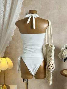 Bellisia Bộ bikini đi biển dành cho nữ, thời trang và dễ thương, kiểu dáng nghỉ dưỡng trên du thuyền, bãi biển, màu trơn, chất liệu vải có họa tiết, áo hai dây xoắn và quần bikini buộc dây bên hông. - trắng - Xem 2