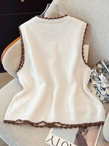 GlowEve CURVE Gilet sans manches en maille pour femmes grande taille, style rétro ample et décontracté, nouveau pour le début du printemps, beige polyvalent avec patchwork, bordure couleur café, décoré de motifs brodés - Nude - Voir 3
