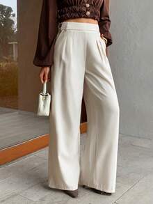 Elyressa Pantalones anchos de pierna casual de mezcla de lino con cintura alta, cintura con lazo y bajo asimétrico, color lino, para primavera/otoño - Albaricoque - Ver 1