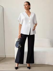 MaterniWear 孕妇夏季办公室商务工作优雅纯色休闲短袖衬衫，复古白色优雅V领上衣，白色优雅不对称上衣 - 白色 - 查看 7