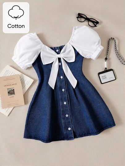 SHEIN Genkimix Kids 女童牛仔拼接泡泡袖蝴蝶结装饰甜美舒适连衣裙，适合日常穿着、户外活动、旅行、上学、春夏穿着。