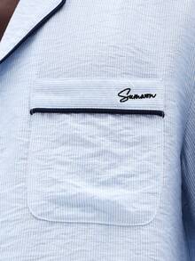 SUMWON 长袖纽扣翻领睡衣衬衫和配套松紧腰睡裤家居服套装，撞色滚边 - 藍色 - 查看 7