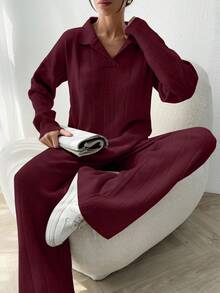 EURMUSE 2pcs Solid Color Ribbed Polo Neck Loose Knit Sweaters Everyday Travel Burgundy Autumn Minimalist Casual - Burgundy - View 5